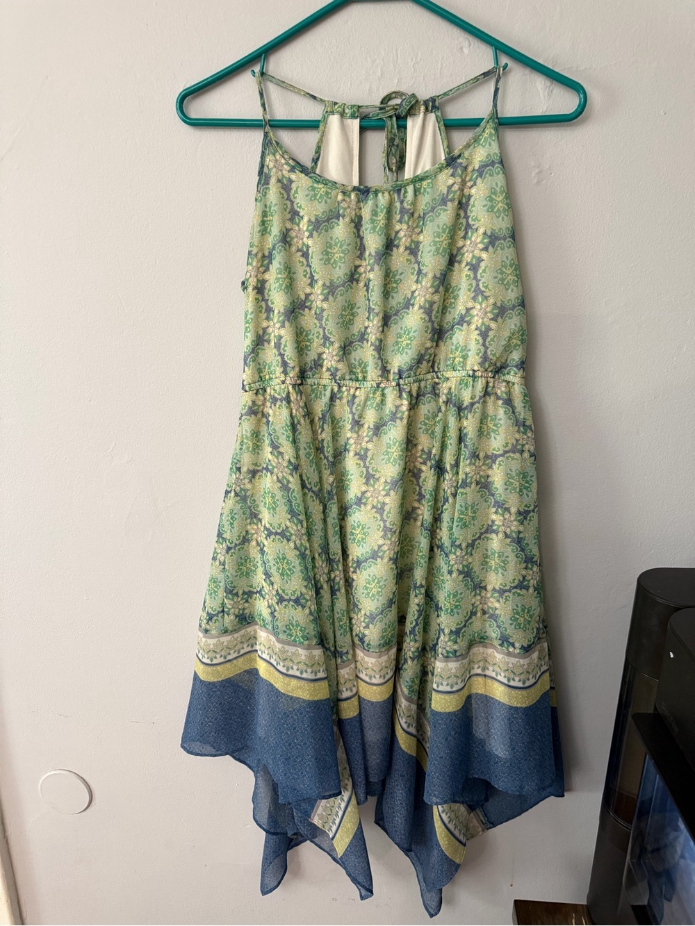 American Eagle Outfitters Green and Blue Floral Handkerchief Hem Midi Dress